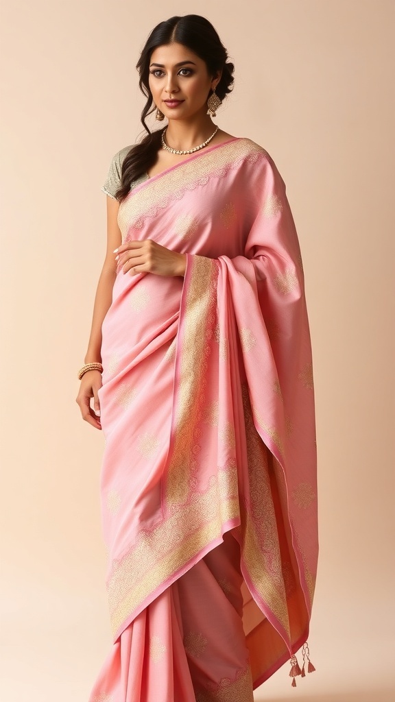 Onion Pink Saree Styling Guide Model wearing an onion pink saree with gold jewelry, showcasing the elegance of the garment.